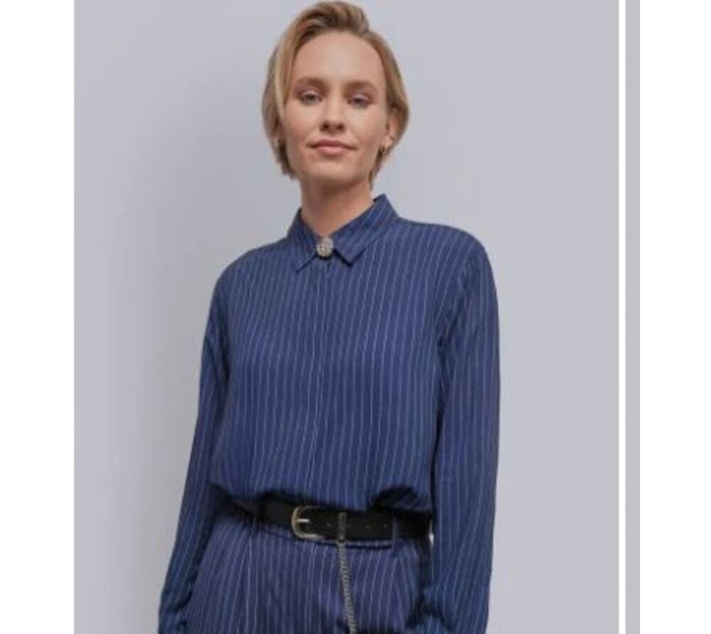 Wildfang XS The Empower Pinstripe Long Sleeves Button Up Shirt Navy Metallic